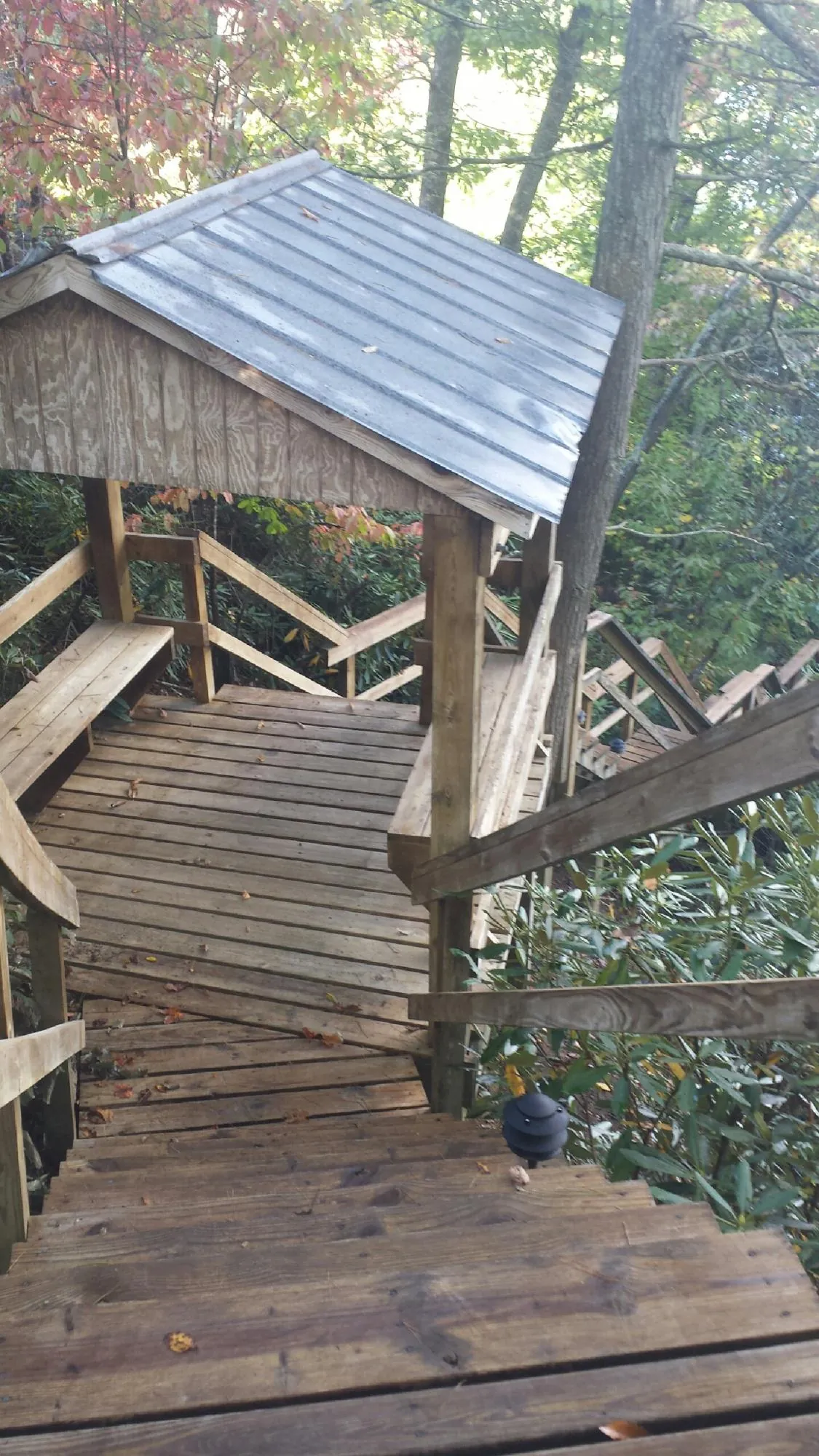 Metal roofed shelter over wooden steps on a wooded walkway — Skylight Repair & Installation work by our crew in Dundee